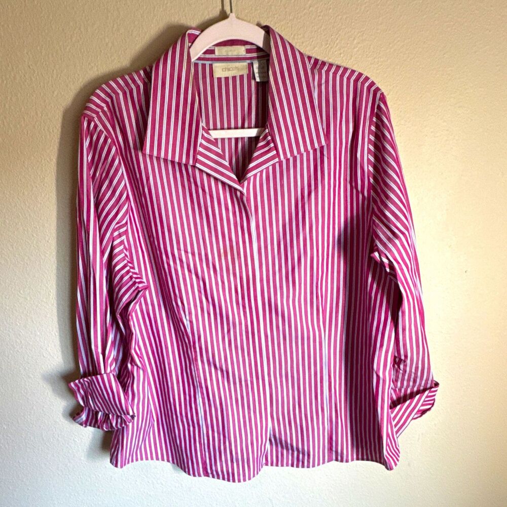 Chico's Women’s Non-Iron Pink/White Striped Cotton Button-Up Shirt Size 3